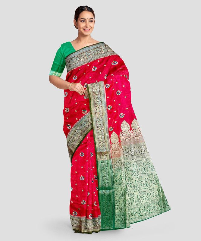 Self Design Banarasi Satin Saree  (Red)