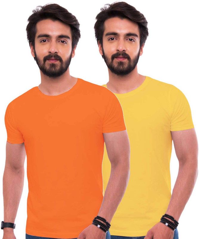 Pack of 2 Men Solid Round Neck Cotton Blend Orange, Yellow T-Shirt