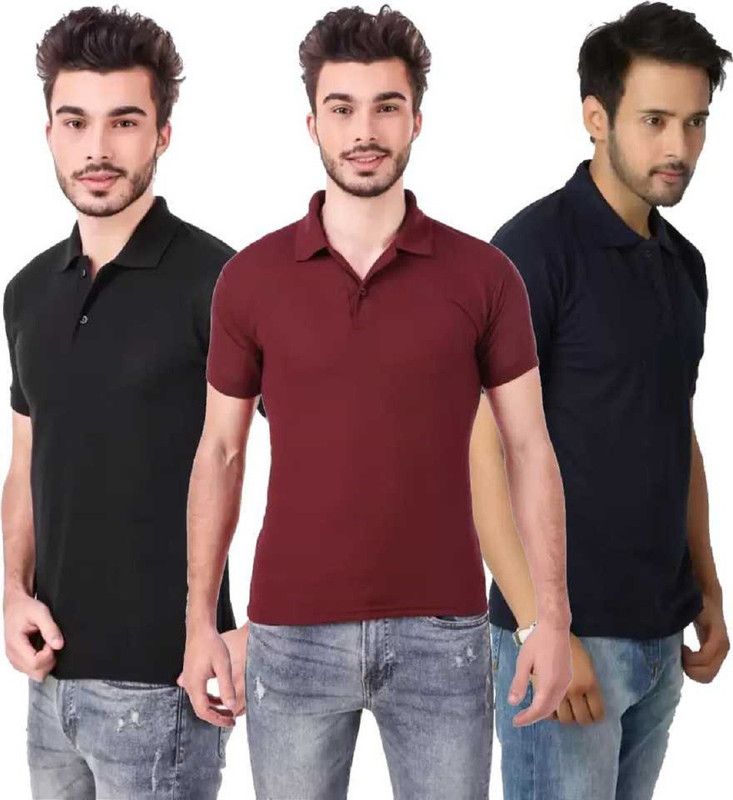 Pack of 2 Men Solid Polo Neck Poly Cotton Dark Blue, Maroon, Black T-Shirt