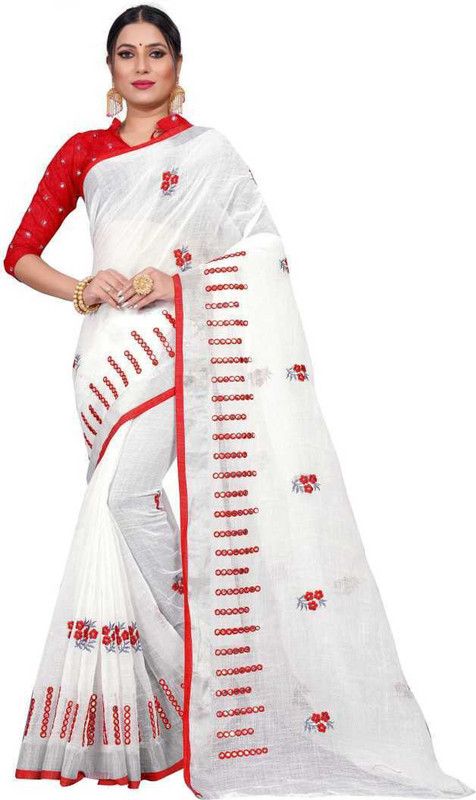 Embroidered Bollywood Cotton Linen Saree  (Red, White)