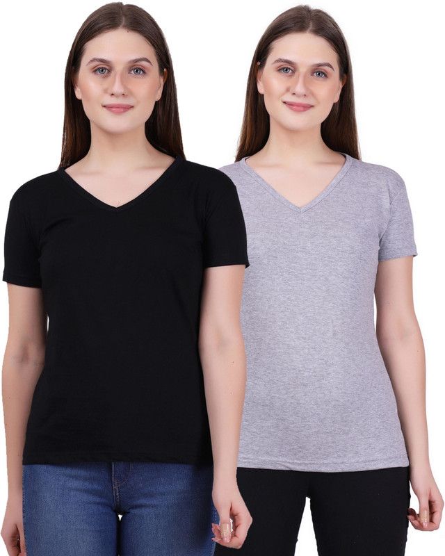 Solid Women Black, Grey T-Shirt  (Pack of 2)