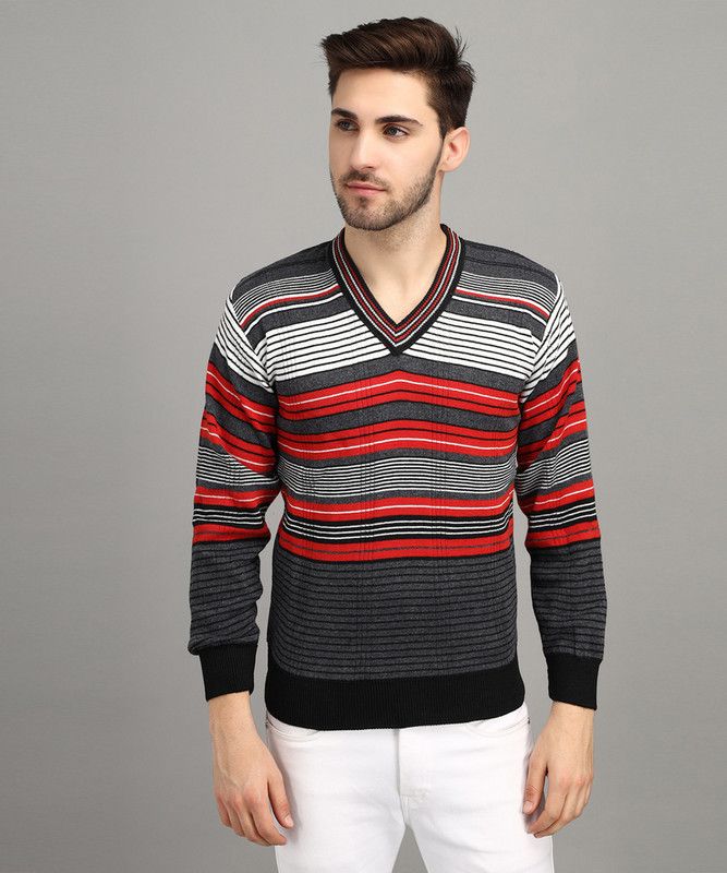 Men Printed V Neck Red Sweater