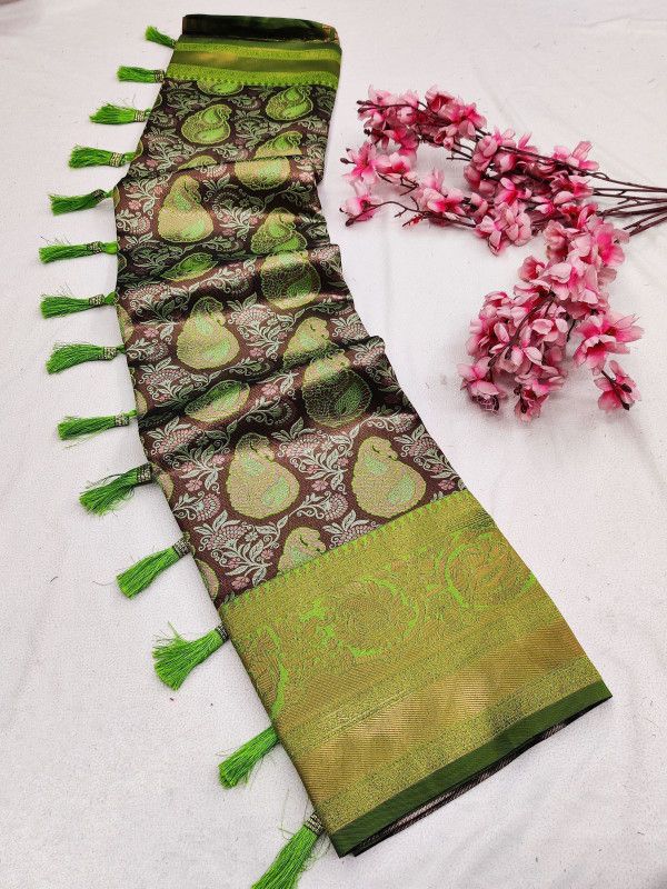 Kanjivaram Pure Silk, Art Silk Saree  (Brown, Light Green)