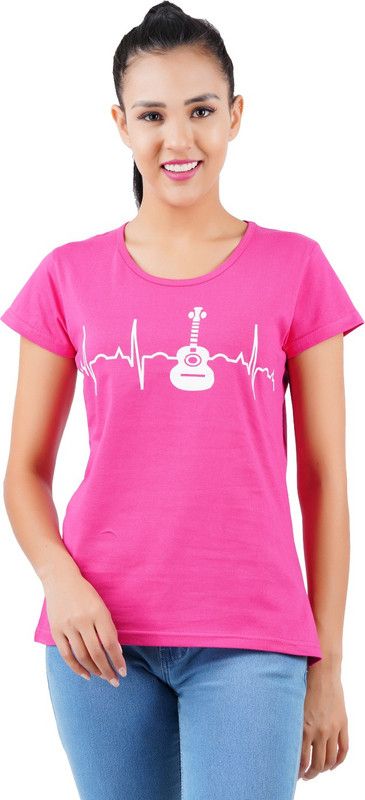 Women Printed Round Neck Pure Cotton White, Pink T-Shirt