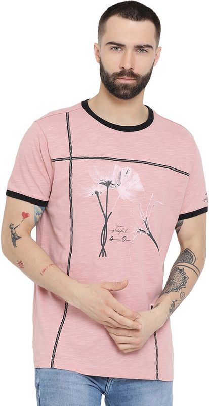 Men Abstract Round Neck Poly Cotton Pink T-Shirt