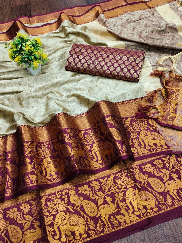 Printed Banarasi Cotton Silk Saree  (Maroon, Beige)