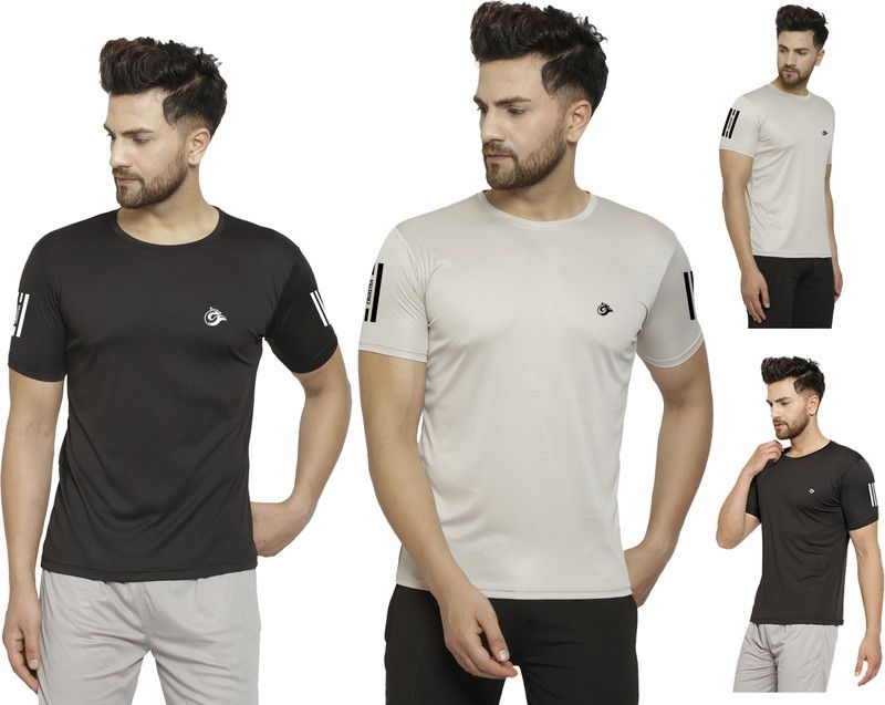 Pack of 2 Men Sporty Round Neck Polyester Black, Grey T-Shirt