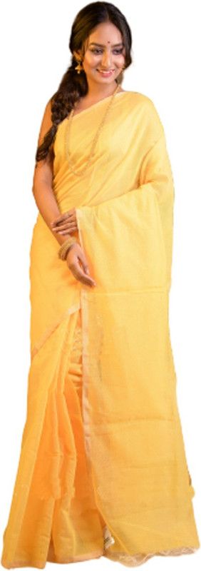 Solid/Plain Daily Wear Pure Cotton Saree  (Yellow)