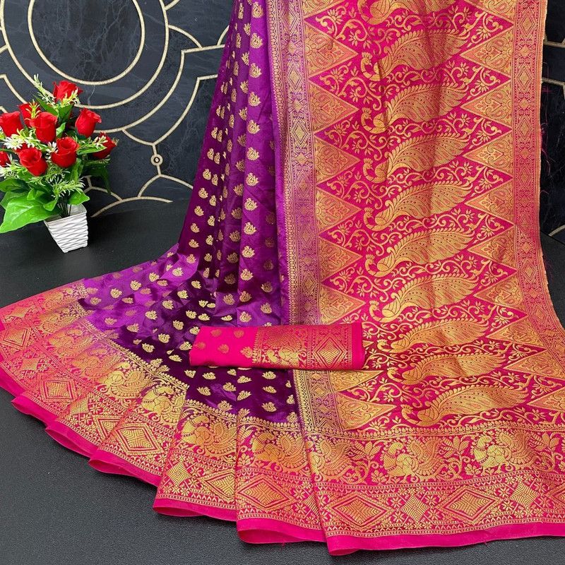 Solid Banarasi Jacquard Saree  (Purple)