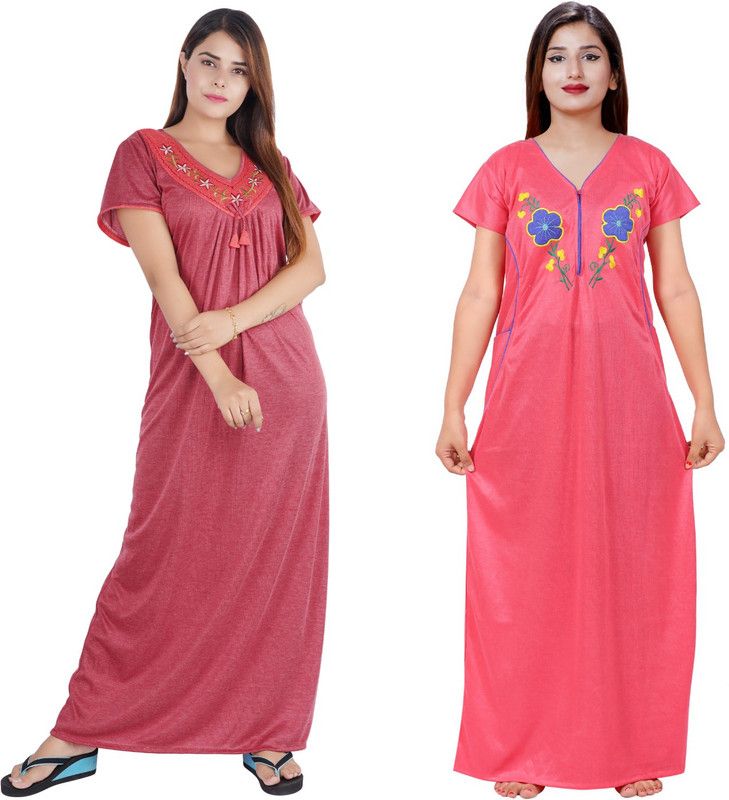 Pack of 2 Women Nighty Set  (Maroon, Red)