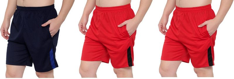 Pack of 3 Solid Men Dark Blue, Red Sports Shorts
