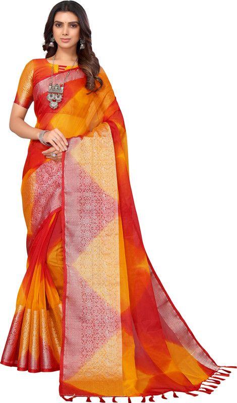 Woven Bollywood Organza Saree  (Orange)