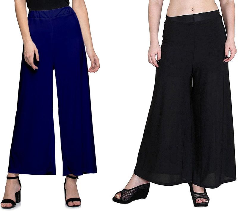 Pack of 2 Women Flared Blue, Black Polycotton Trousers