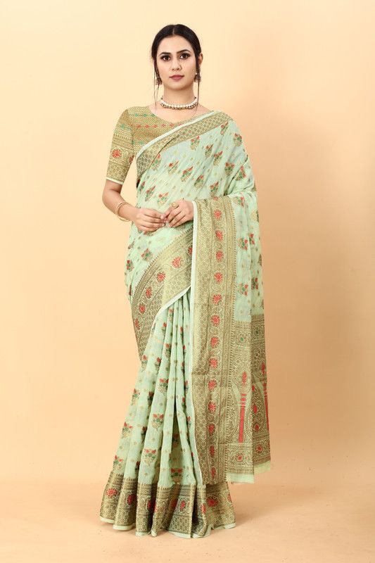 Woven Banarasi Jacquard, Cotton Silk Saree  (Red, Green, Gold)