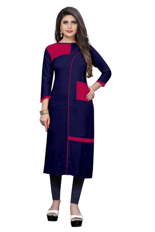 Women Colorblock Viscose Rayon Straight Kurta  (Dark Blue, Pink, Beige)