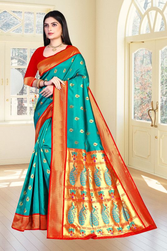 Woven Bollywood Cotton Linen, Cotton Silk Saree  (Gold, Green)