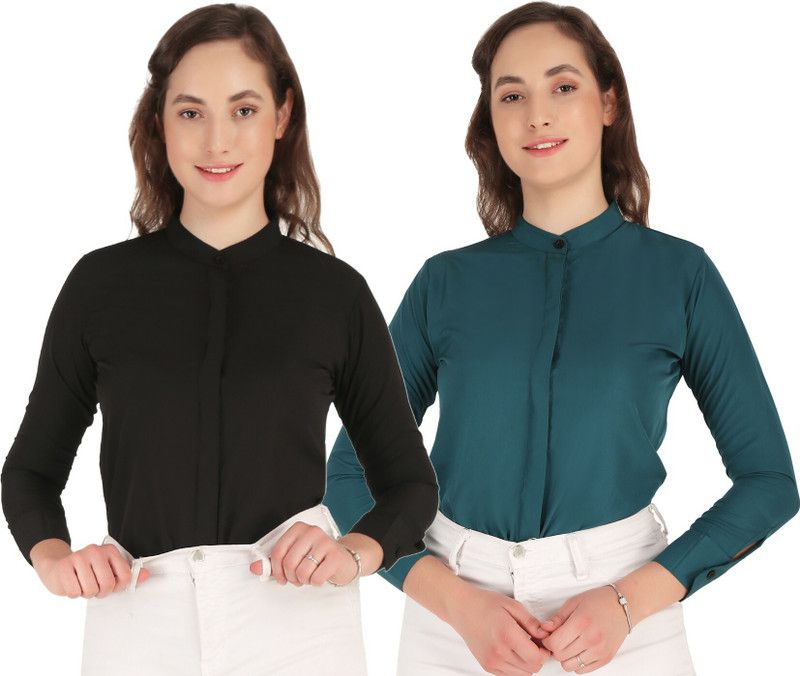 Women Solid Formal Black, Blue Shirt  (Pack of 2)