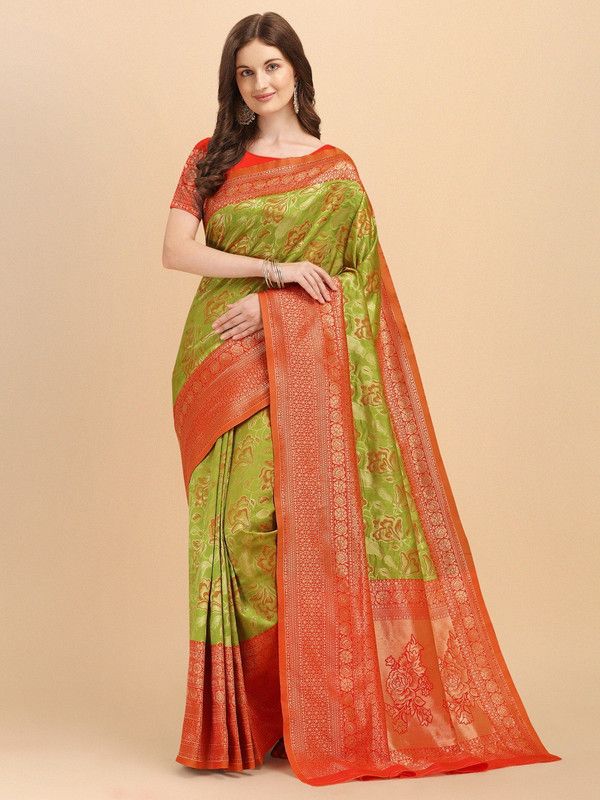 Woven, Floral Print Bollywood Pure Silk Saree  (Orange, Light Green)