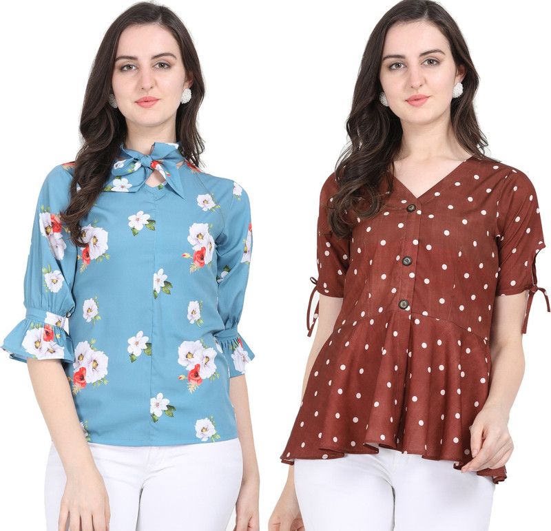 Pack of 2 Casual Regular Sleeves Floral Print, Polka Print Women Brown Top