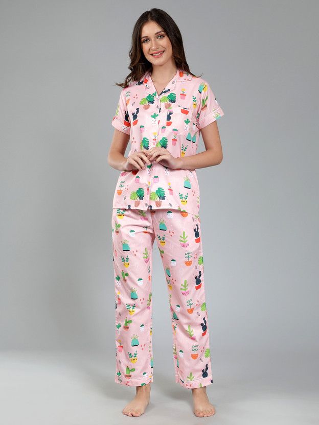 Women Night Suit Set Pink Printed