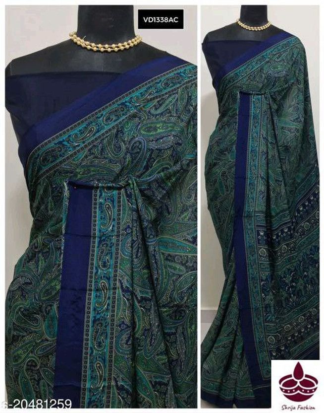 Printed Daily Wear Silk Blend Saree  (Dark Blue)