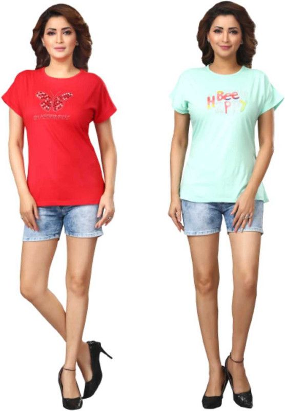 Pack of 2 Pack of 2 Solid Women Round Neck Pink, Red T-shirt Women Printed Round Neck Pure Cotton Light Blue, Red T-Shirt