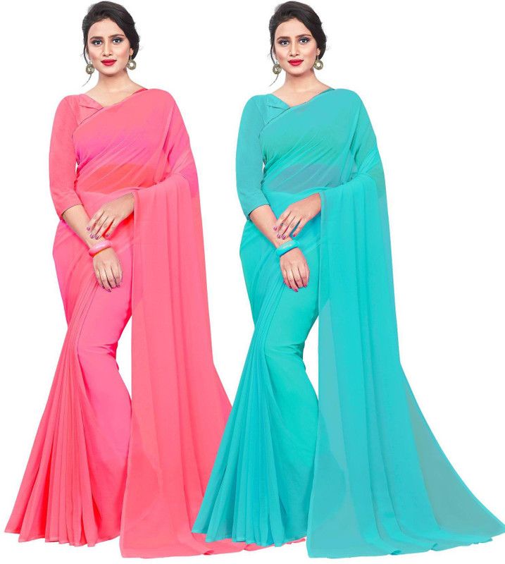 Solid/Plain Bollywood Georgette Saree  (Pack of 2, Pink, Light Green)