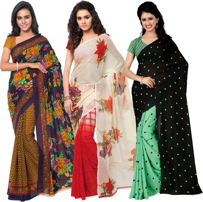 Printed, Graphic Print, Polka Print Daily Wear Georgette Saree  (Pack of 3, Multicolor)