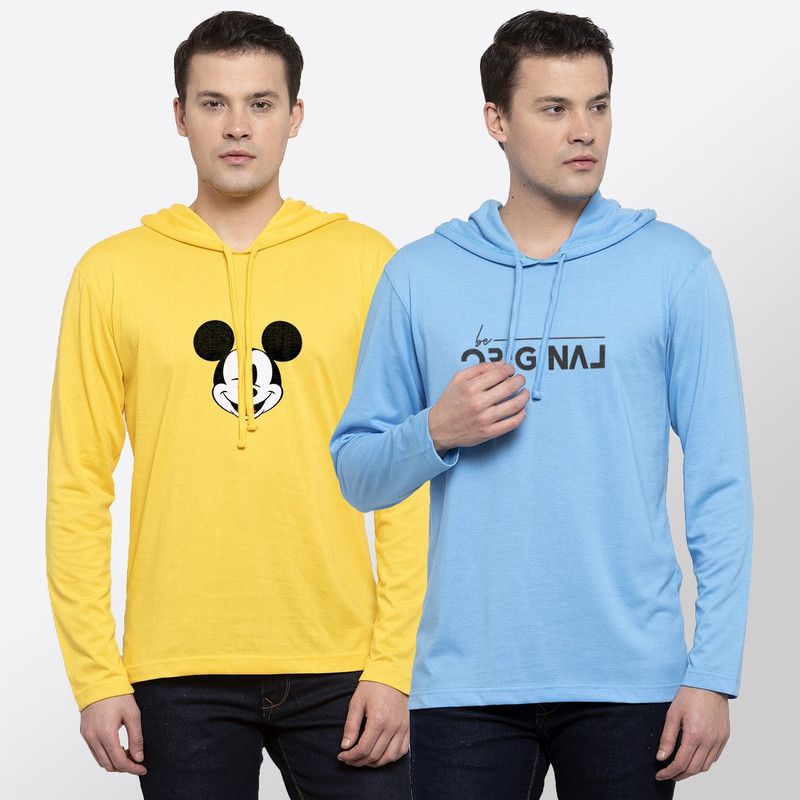 Pack of 2 Men Graphic Print Hooded Neck Cotton Blend Multicolor T-Shirt