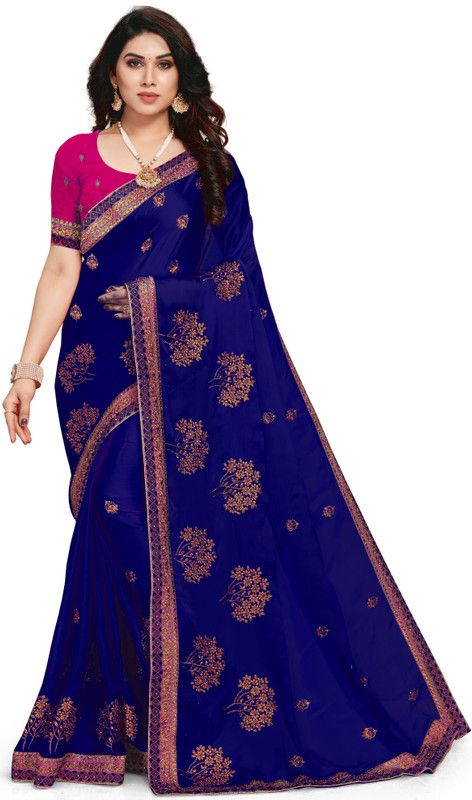 Embroidered Bollywood Chiffon, Satin Saree  (Dark Blue, Pink)