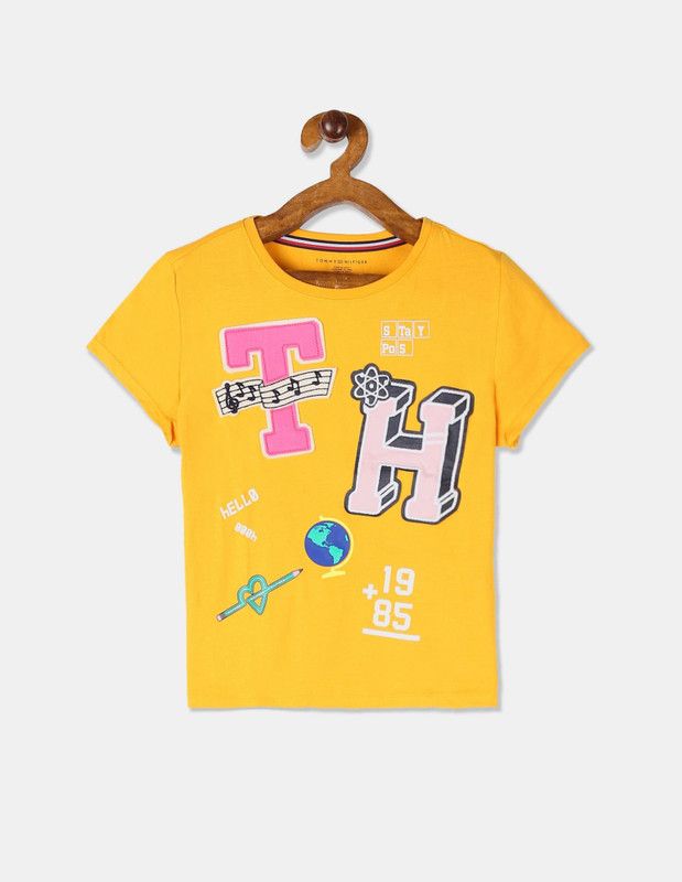 Girls Printed Pure Cotton T Shirt  (Yellow, Pack of 1)