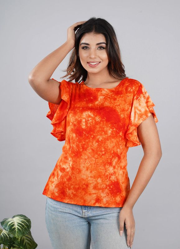 Casual Flared Sleeves Tie & Dye Women Orange Top