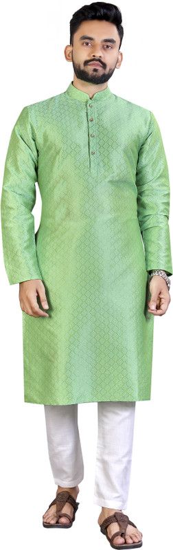 Men Solid Jacquard Straight Kurta  (Light Green)