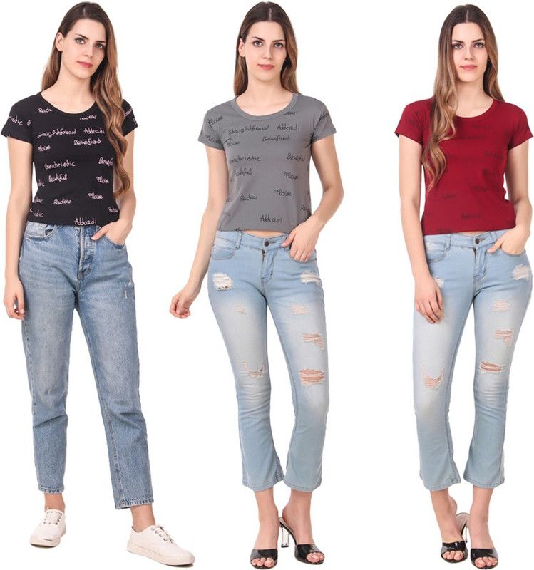 Pack of 3 Women Typography Round Neck Cotton Blend Maroon, Black, Grey T-Shirt
