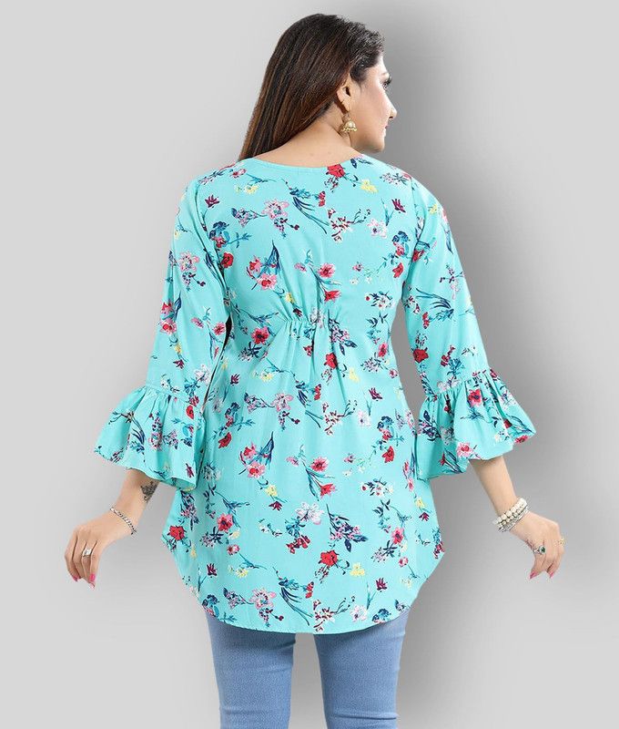 Casual Bell Sleeves Floral Print Women Light Blue Top