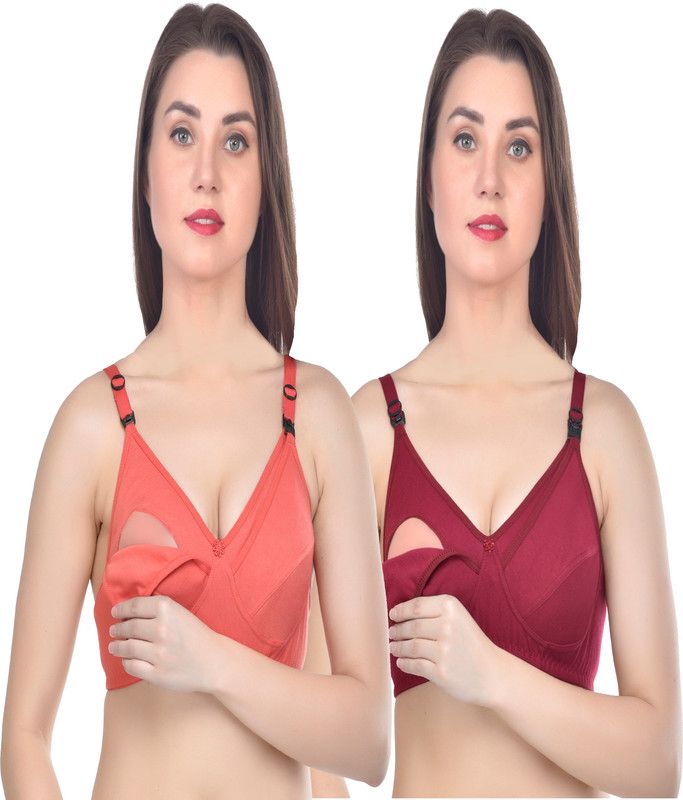 Pack of 2 Women Maternity/Nursing Non Padded Bra  (Maroon, Orange)