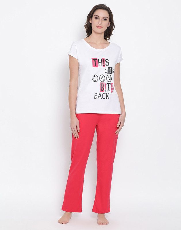 Women Top & Pyjama Set Pink, White Graphic Print
