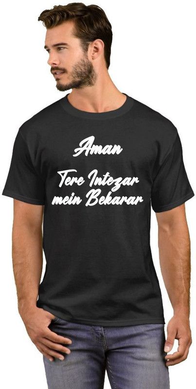 Aman Tere Intezar mei Bekarar Men Printed Round Neck Cotton Blend White, Black T-Shirt