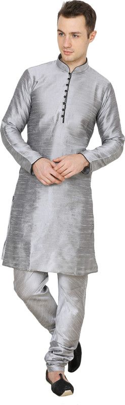 Men Self Design Dupion Silk Straight Kurta  (Silver)