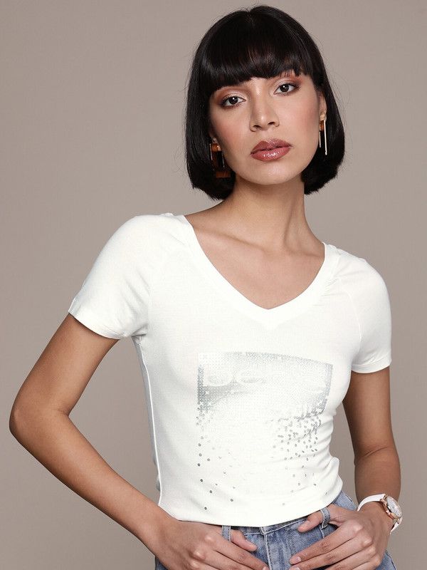 Women Printed V Neck Viscose Rayon White T-Shirt