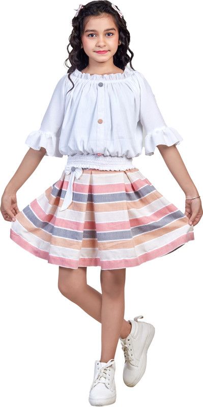 Girls Above Knee Casual Dress  (White, Half Sleeve)