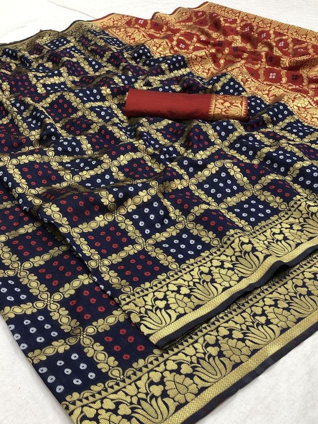 Checkered Bandhani Art Silk Saree  (Dark Blue)