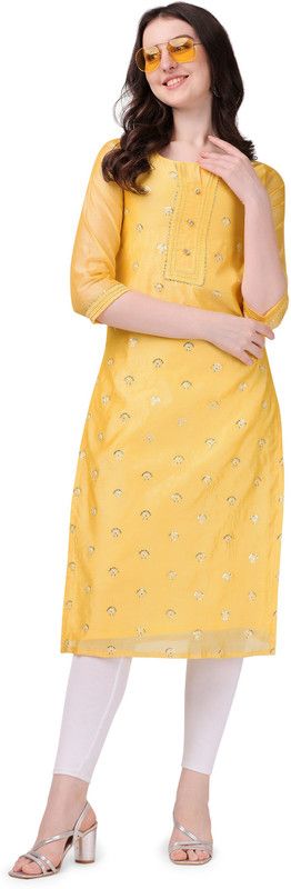 Women Embroidered Chanderi A-line Kurta  (Yellow)