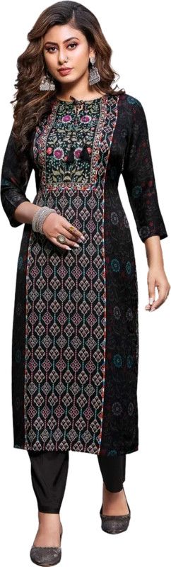 Women Self Design Modal Straight Kurta  (Black)
