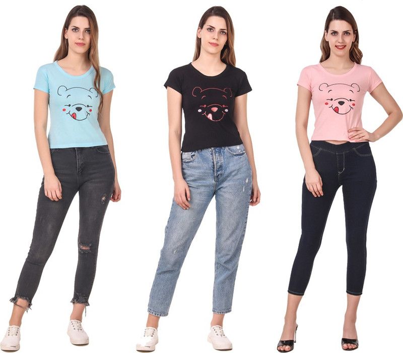 Pack of 3 Women Printed Round Neck Cotton Blend Light Blue, Black, Pink T-Shirt