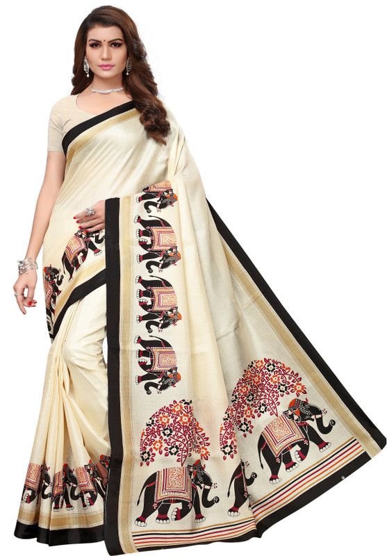 Printed Manipuri Cotton Blend Saree  (Cream)