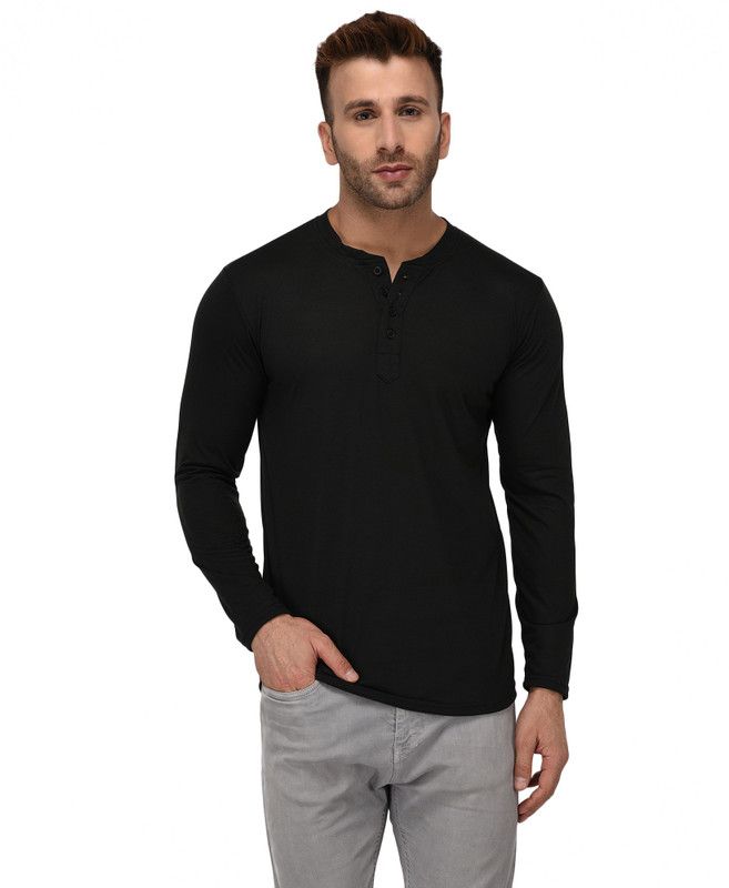 Men Solid Henley Neck Cotton Blend Black T-Shirt