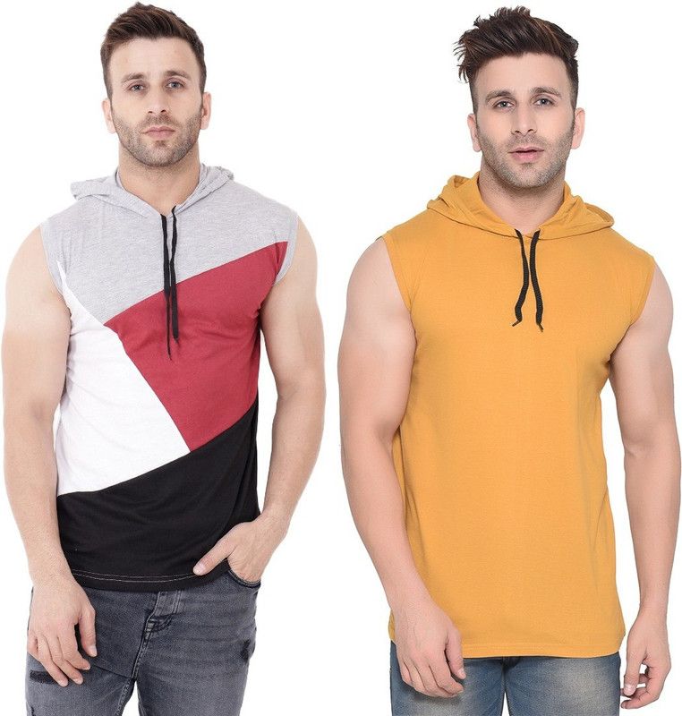 Pack of 2 Faizaan Men Solid Hooded Neck Cotton Blend Multicolor, Gold T-Shirt