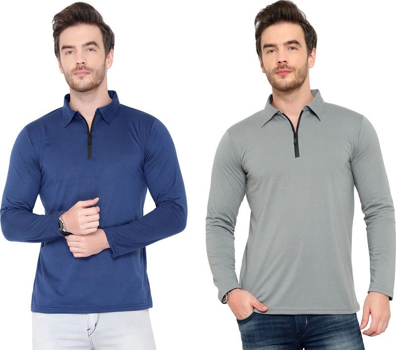 Pack of 2 Men Solid Polo Neck Cotton Blend Silver, Light Blue T-Shirt