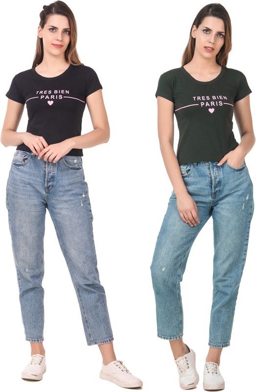 Pack of 2 Casual Regular Sleeves Printed Women Green, Black Top